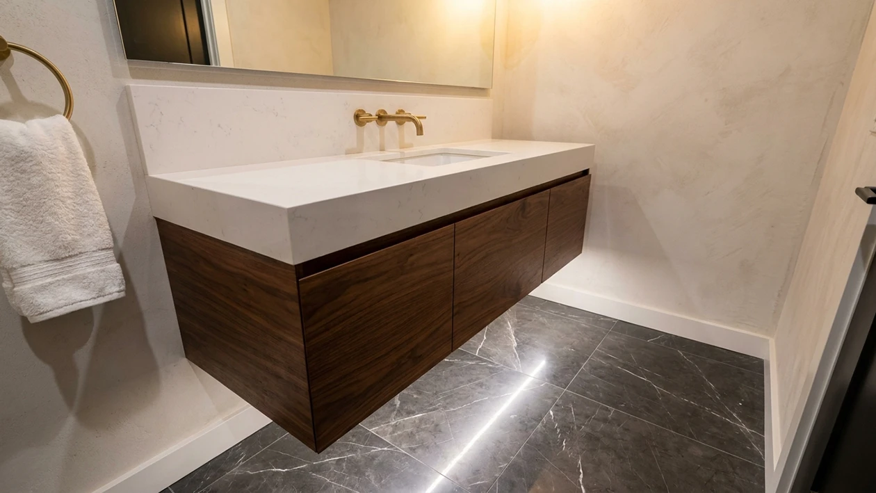 Floating vanity in a small bathroom with floor tile running underneath