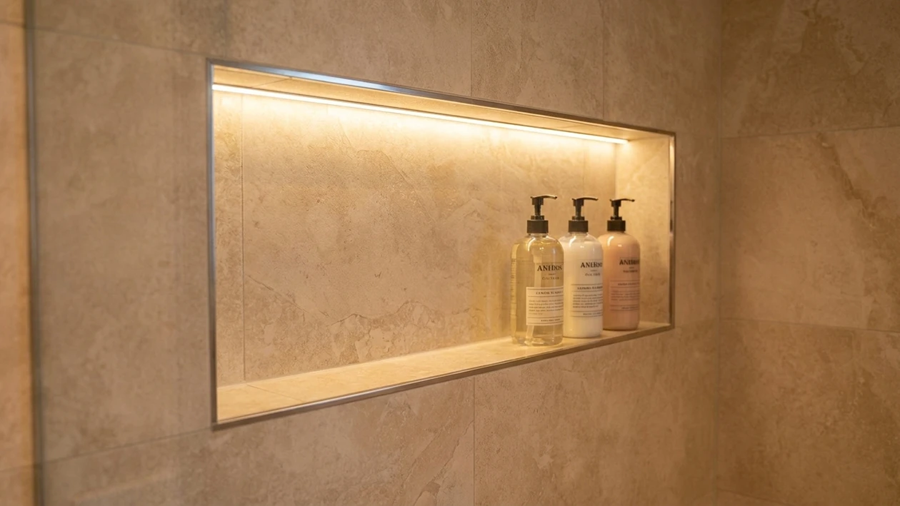 Tiled shower niche in a small bathroom renovation