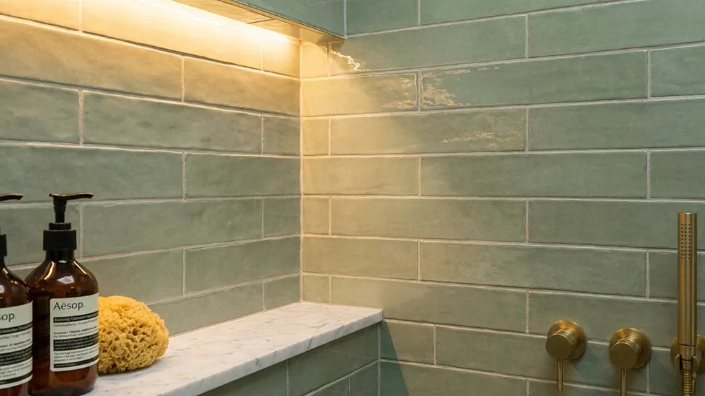 Custom tiled shower niche with mitred tile edge